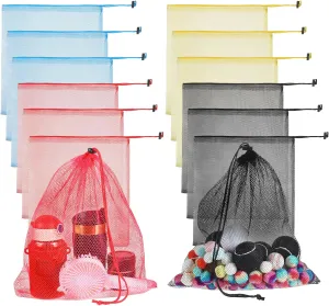 12Pcs Colorful Mesh Bag Sports Equipment Bag Multipurpose Nylon Drawstring Bag with Cord Lock Closure 15.6"X13.65" Gym Storage Bag Mesh Stuff Sack for Travel, Sports, Balls, Beach, Laundry
