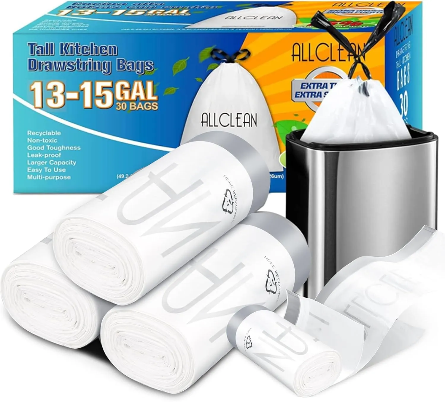 13 To 15 Gallon Trash Bags, Tall Kitchen Garbage Bags Drawstring, Ultra Strong Recyclable Trash Bags Unscented Trash Can Liners For Kitchen and Commercial 30 Count (Pake of 1)