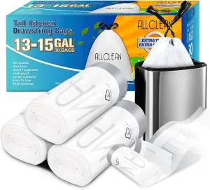 13 To 15 Gallon Trash Bags, Tall Kitchen Garbage Bags Drawstring, Ultra Strong Recyclable Trash Bags Unscented Trash Can Liners For Kitchen and Commercial 30 Count (Pake of 1)