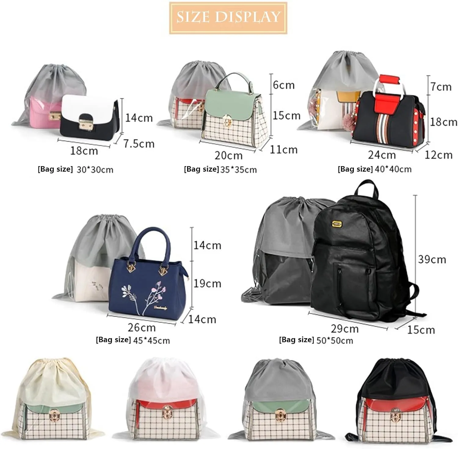 15 Packs Dust Bags for Black Handbags, Clear Black Handbag and Purse Storage Organizer, 14"x14" / 35x35 cm Non-Woven Drawstring Cover with Window