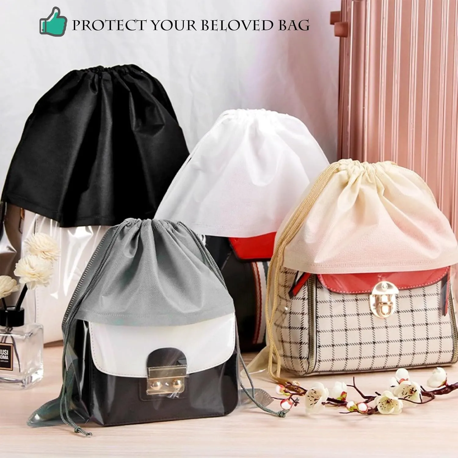 15 Packs Dust Bags for Black Handbags, Clear Black Handbag and Purse Storage Organizer, 14"x14" / 35x35 cm Non-Woven Drawstring Cover with Window