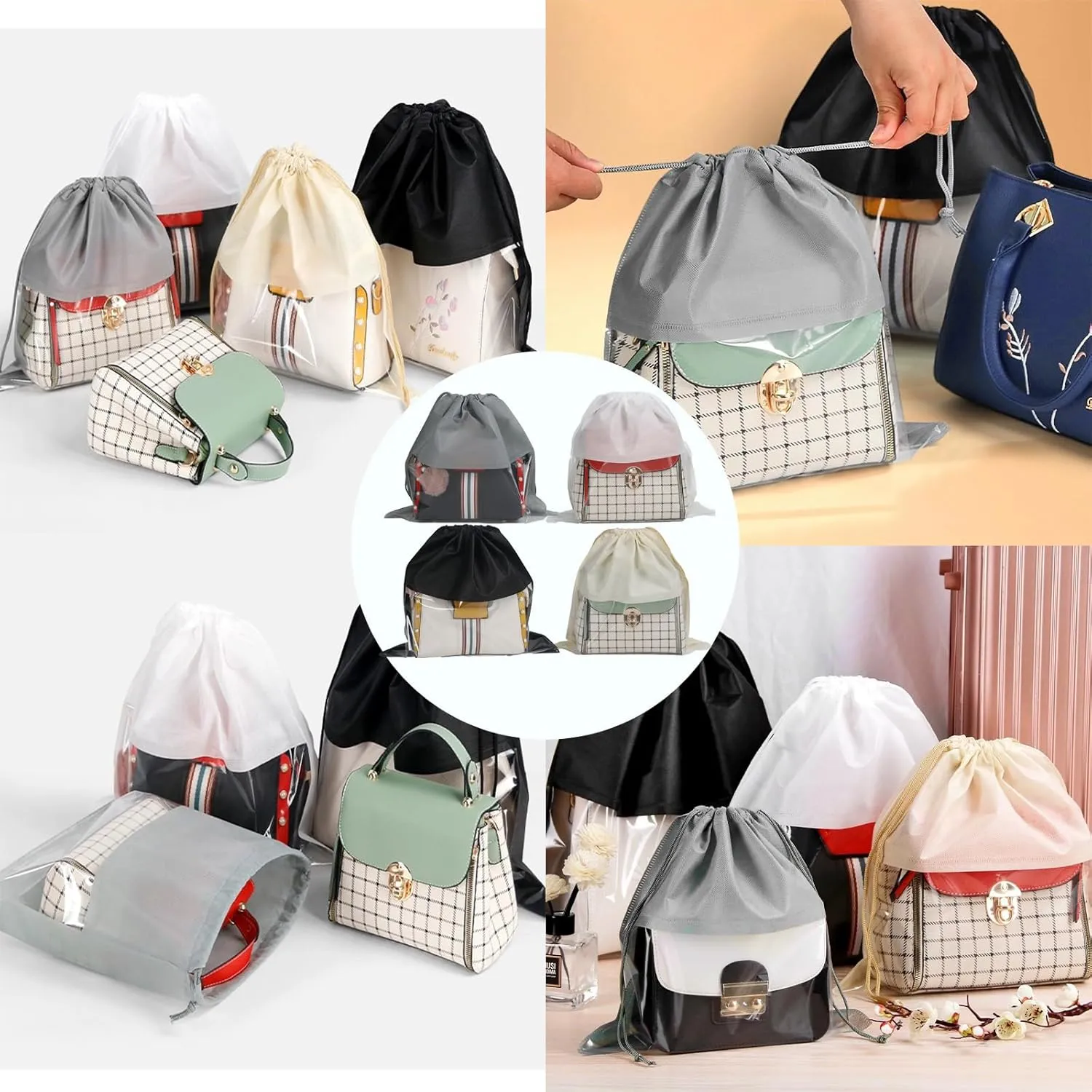 15 Packs Dust Bags for Black Handbags, Clear Black Handbag and Purse Storage Organizer, 14"x14" / 35x35 cm Non-Woven Drawstring Cover with Window