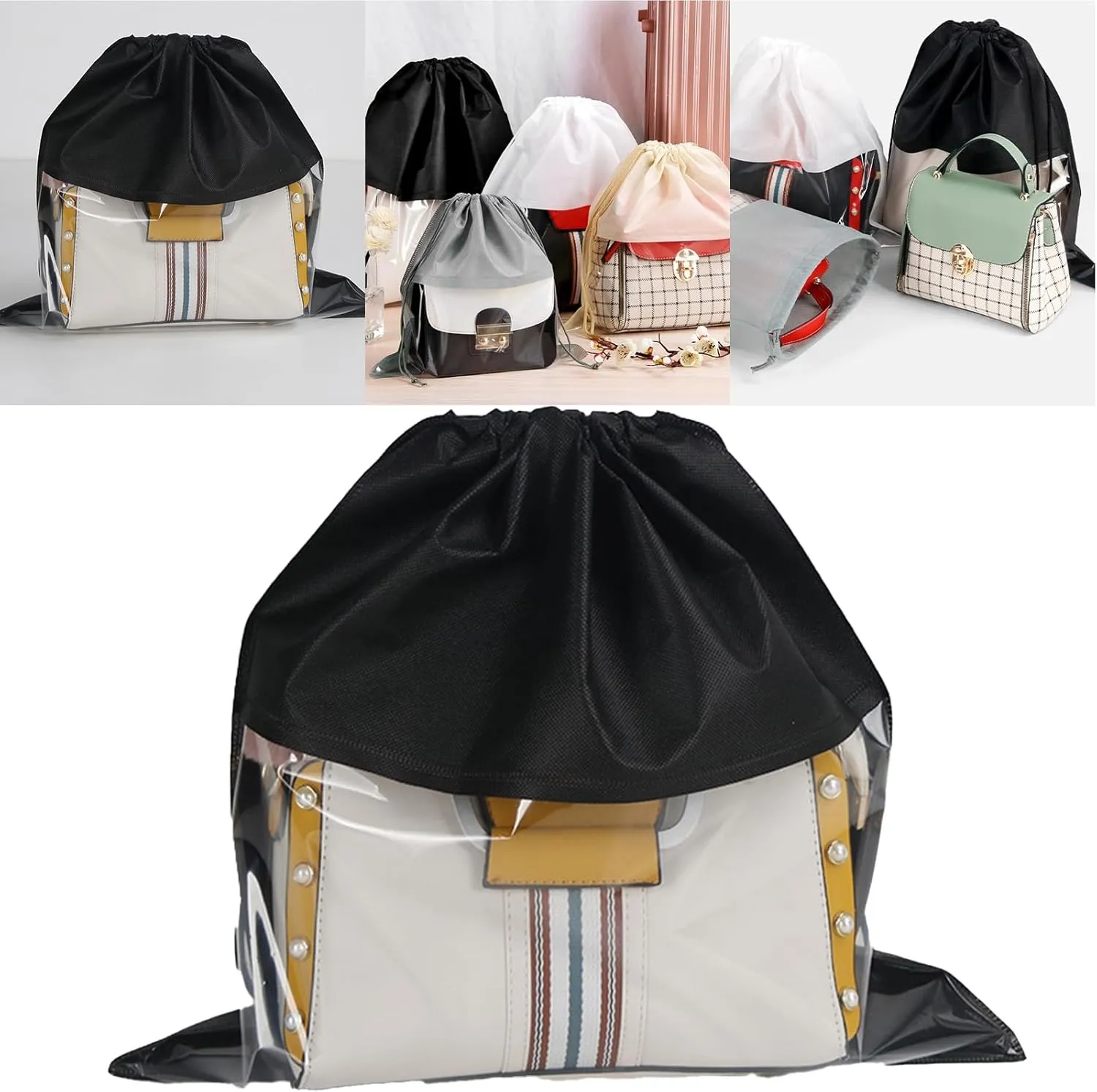 15 Packs Dust Bags for Black Handbags, Clear Black Handbag and Purse Storage Organizer, 14"x14" / 35x35 cm Non-Woven Drawstring Cover with Window