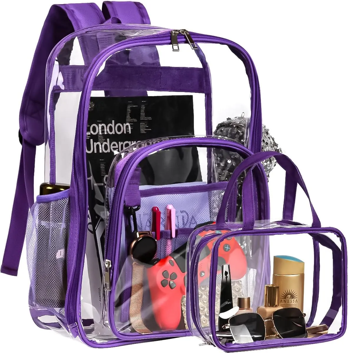 2-Piece Heavy Duty Clear PVC Backpacks - Purple Waterproof School & Work Backpacks with Cosmetic & Lunch Bags, Stadium Approved, Reinforced Straps for Women, Men, Boys & Girls