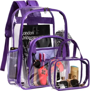 2-Piece Heavy Duty Clear PVC Backpacks - Purple Waterproof School & Work Backpacks with Cosmetic & Lunch Bags, Stadium Approved, Reinforced Straps for Women, Men, Boys & Girls