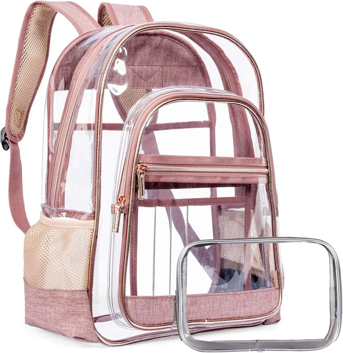 2pcs Clear Backpack for School Stadium Approved Transparent Bookbag See Through Student Teen (Rose Gold)