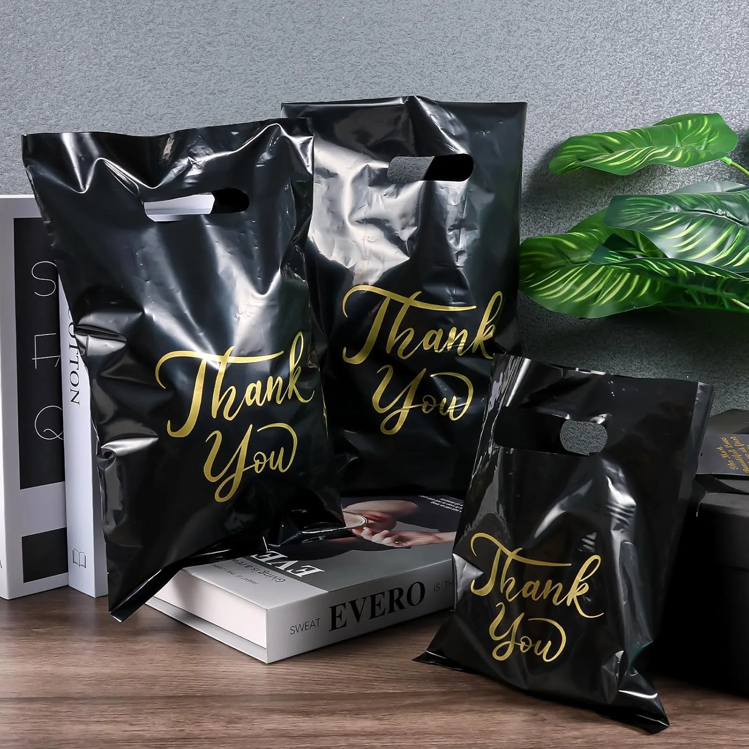 300 Pcs Thank You Merchandise Bags, 3 Size Shopping Bags for Business Small with Handles, Plastic Gift Bags Retail Bags, Bulk Merchandise Bags for Wedding Party Stores Packaging Wholesale Goodie Bags