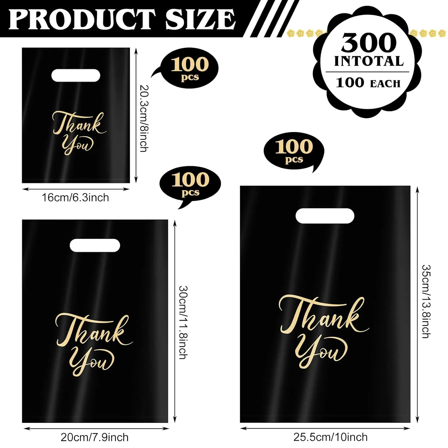 300 Pcs Thank You Merchandise Bags, 3 Size Shopping Bags for Business Small with Handles, Plastic Gift Bags Retail Bags, Bulk Merchandise Bags for Wedding Party Stores Packaging Wholesale Goodie Bags