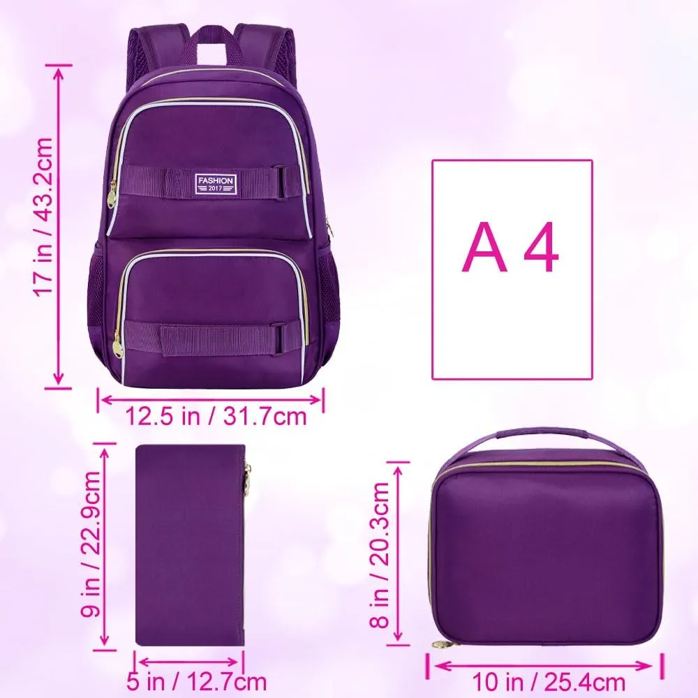3Pcs Backpack for Girls Boys, 17 Inches Women Men School Bookbag Set for Teens College, Laptop Backpacks with Lunch Box