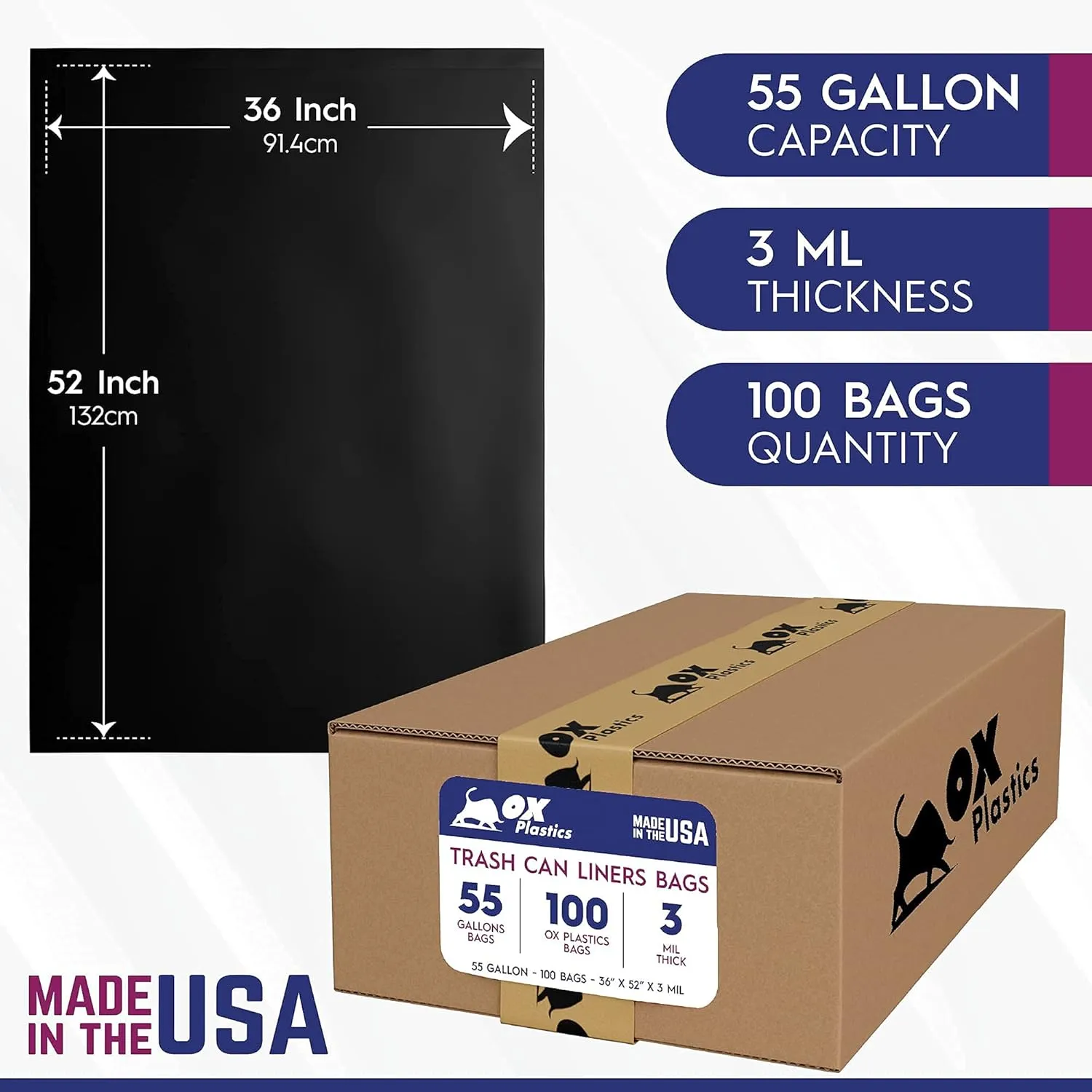 55 Gallon Trash Bags (3 MIL) - 100 Count Large 36x52 IN Thick Garbage Bags - Multipurpose Trash Can Liners for Contractors, Home Kitchen & Industrial Use (Made in USA)