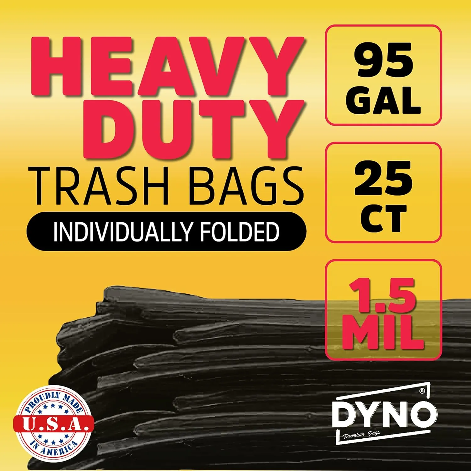95-96 Gallon Trash Bags 1.5 Mil Black - 25 Count Large Trash Bags - Individually Folded - 96 Gallon Trash Can Liners - 61W x 68L