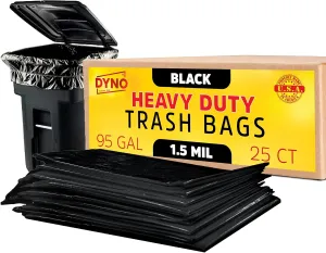 95-96 Gallon Trash Bags 1.5 Mil Black - 25 Count Large Trash Bags - Individually Folded - 96 Gallon Trash Can Liners - 61W x 68L