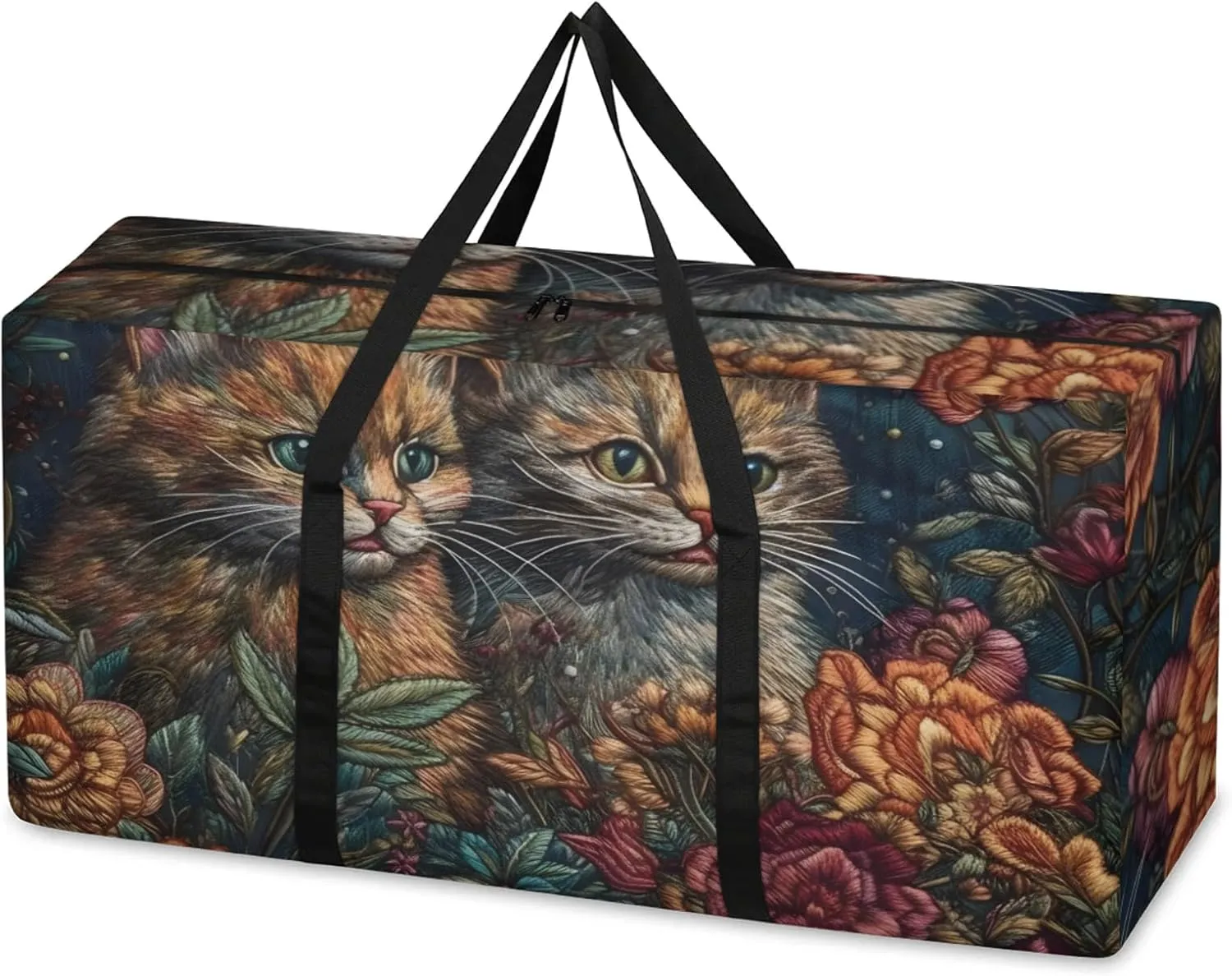 Abstract Cat Extra Large Moving Bags Heavy Duty Storage Bags Colorful Cat Cloth Wrap Around Handles Double Zipper Reusable Convenient Foldable Storage Tote for Travel Camping Space Save