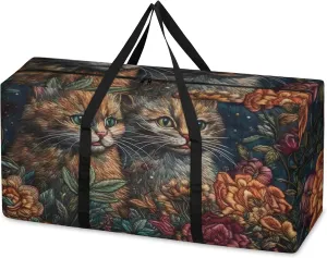 Abstract Cat Extra Large Moving Bags Heavy Duty Storage Bags Colorful Cat Cloth Wrap Around Handles Double Zipper Reusable Convenient Foldable Storage Tote for Travel Camping Space Save