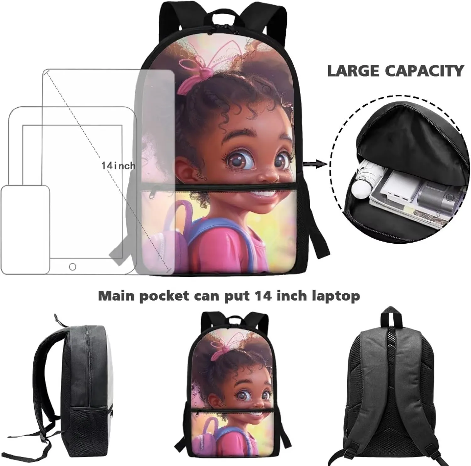 African Cute Girl Kids Backpacks for Girls Preschool School Bags Lightweight School Bookbag, 17 Inch Bookbags Bagpack Large Capacity Daypack Backpacks Shoulder Bags Satchel