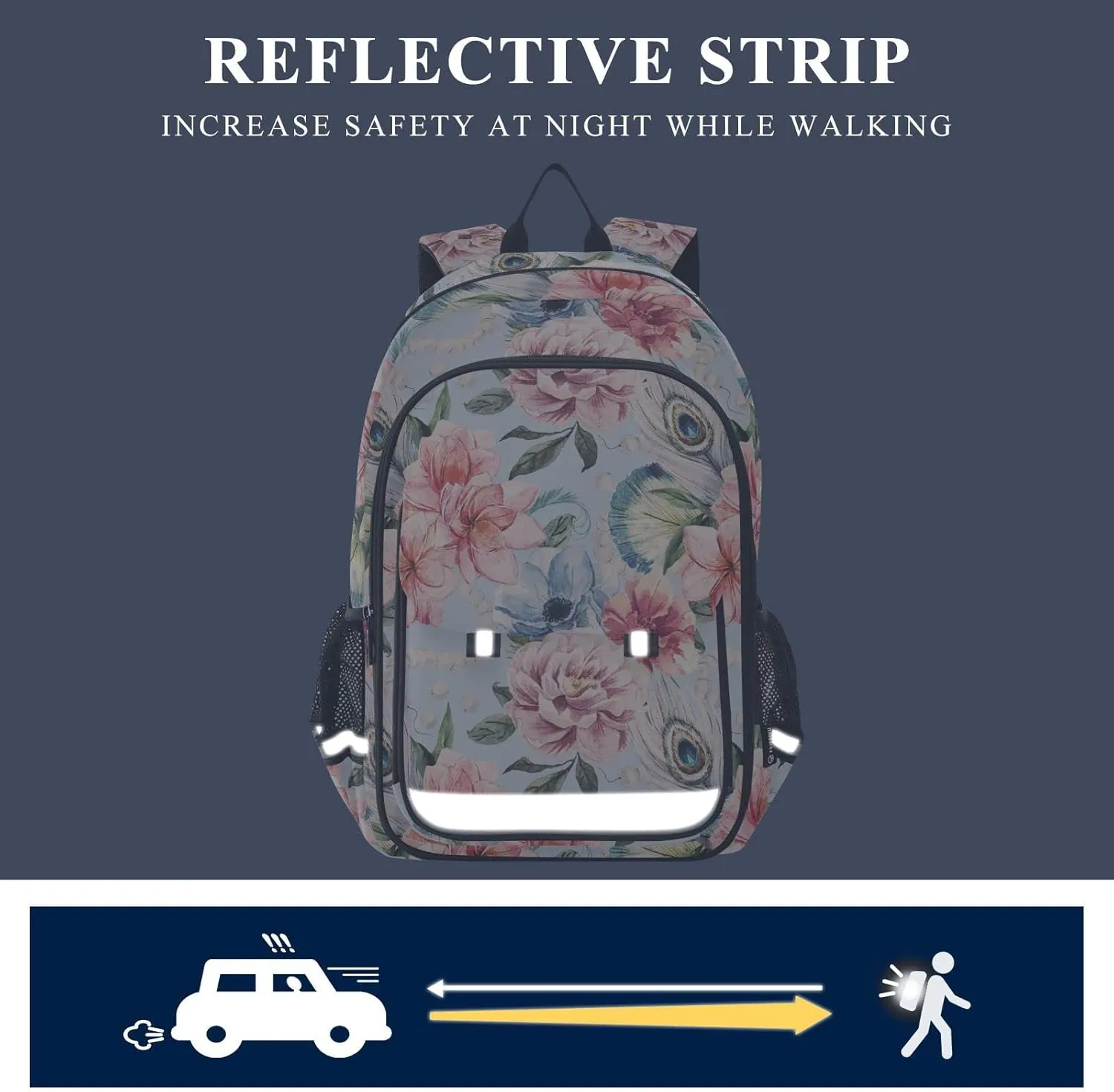 ALAZA Watercolor Flowers Peonies Peacock Feathers Backpacks Reflective Safety Backpack