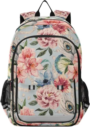 ALAZA Watercolor Flowers Peonies Peacock Feathers Backpacks Reflective Safety Backpack