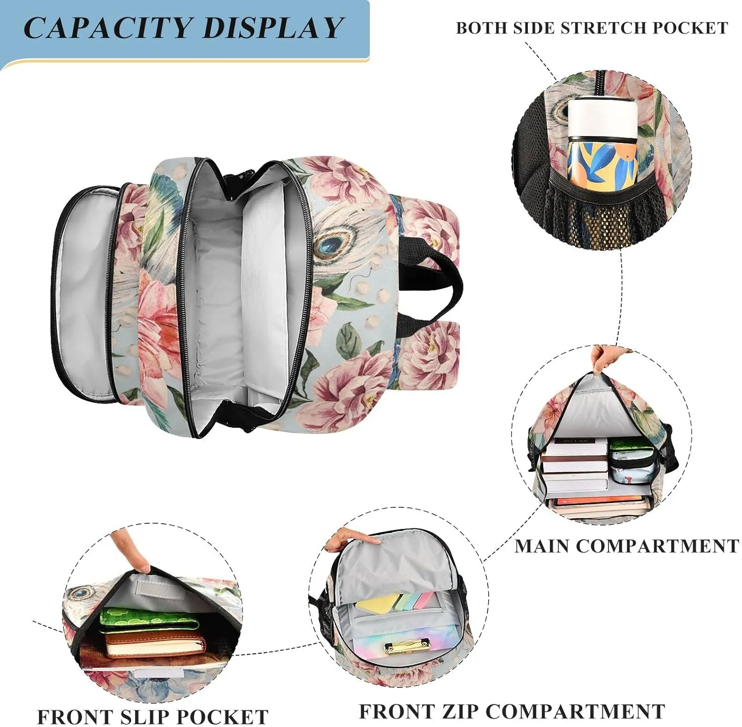 ALAZA Watercolor Flowers Peonies Peacock Feathers Backpacks Reflective Safety Backpack