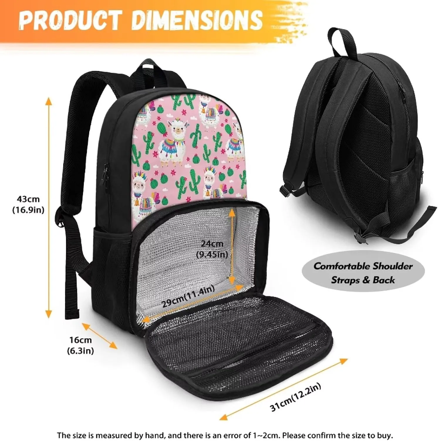 Alpaca Cactus Insulated Cooler Backpack for Men Woman Cute School Backpacks with Work Backpack Daypack Kindergarten Preschool Kids Lunch Backpacks, Back to School Supplies
