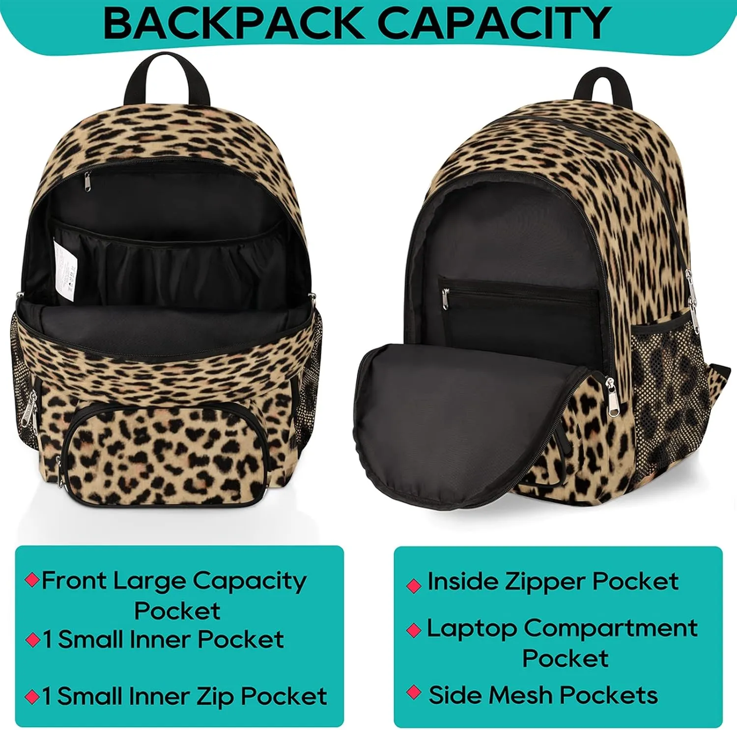 Animal Print Backpacks for Travel Laptop Backpack Waterproof School Backpack with Laptop Compartment & Multiple Pockets Leopard Skin Casual Daypack College Bookbag