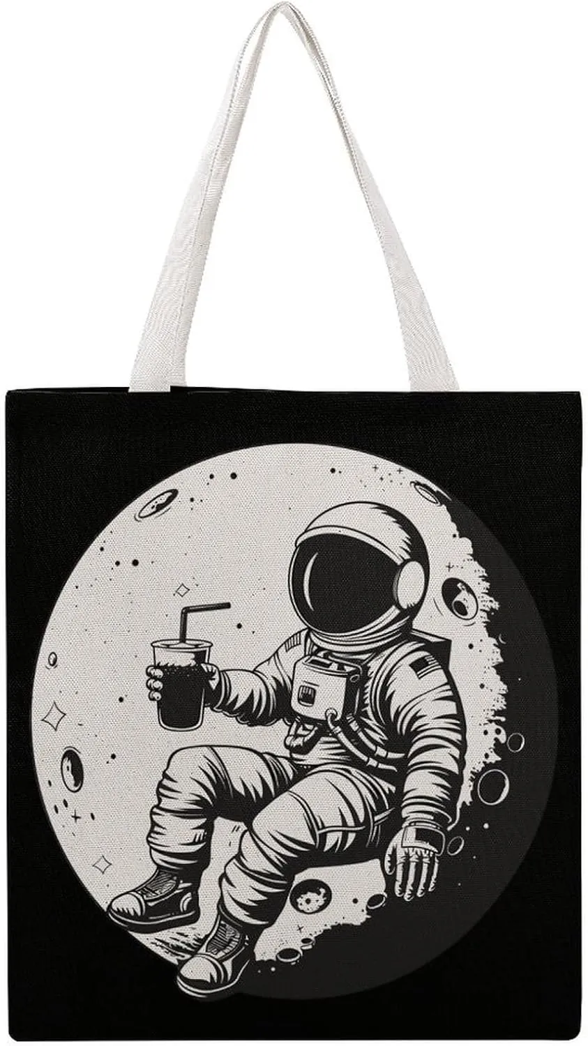 Astronaut Moon Space Canvas Tote Bag Casual Handbags Grocery Shopping Purses Work Bag for Women