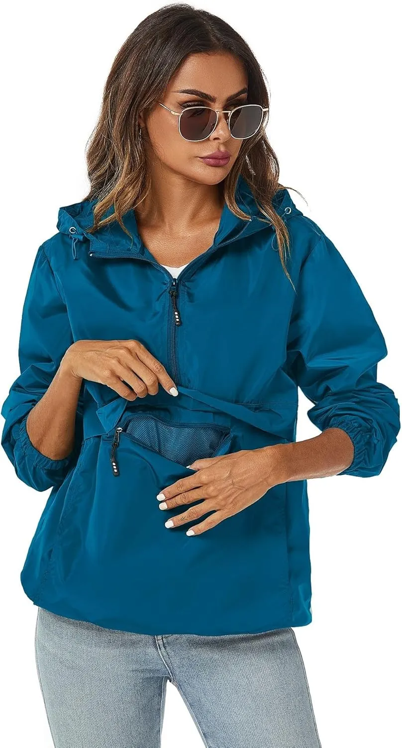 Avoogue Womens Rain Jacket with Hood,Pullover,Packable,Lightweight,Windbreaker,Waterproof,Breathable.