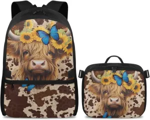 Babrukda Reusable Laptop Backpacks for Boys Girls Insulated Lunch Bag, Leakproof Food Storage Container with Handles Kids' Backpacks for Travel Picnic, Cowhide Print Highland Cow