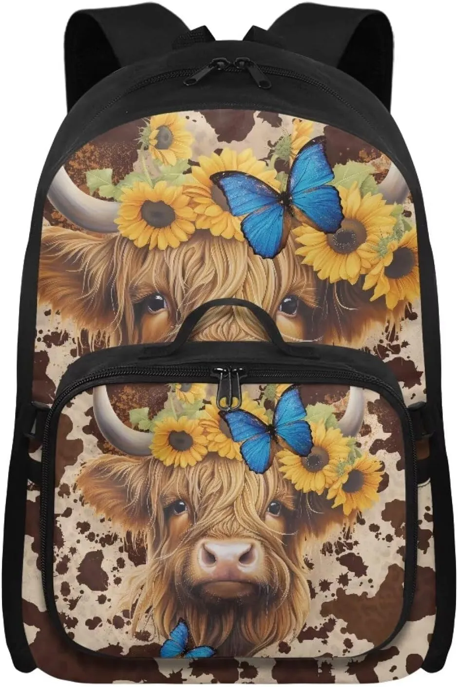 Babrukda Reusable Laptop Backpacks for Boys Girls Insulated Lunch Bag, Leakproof Food Storage Container with Handles Kids' Backpacks for Travel Picnic, Cowhide Print Highland Cow
