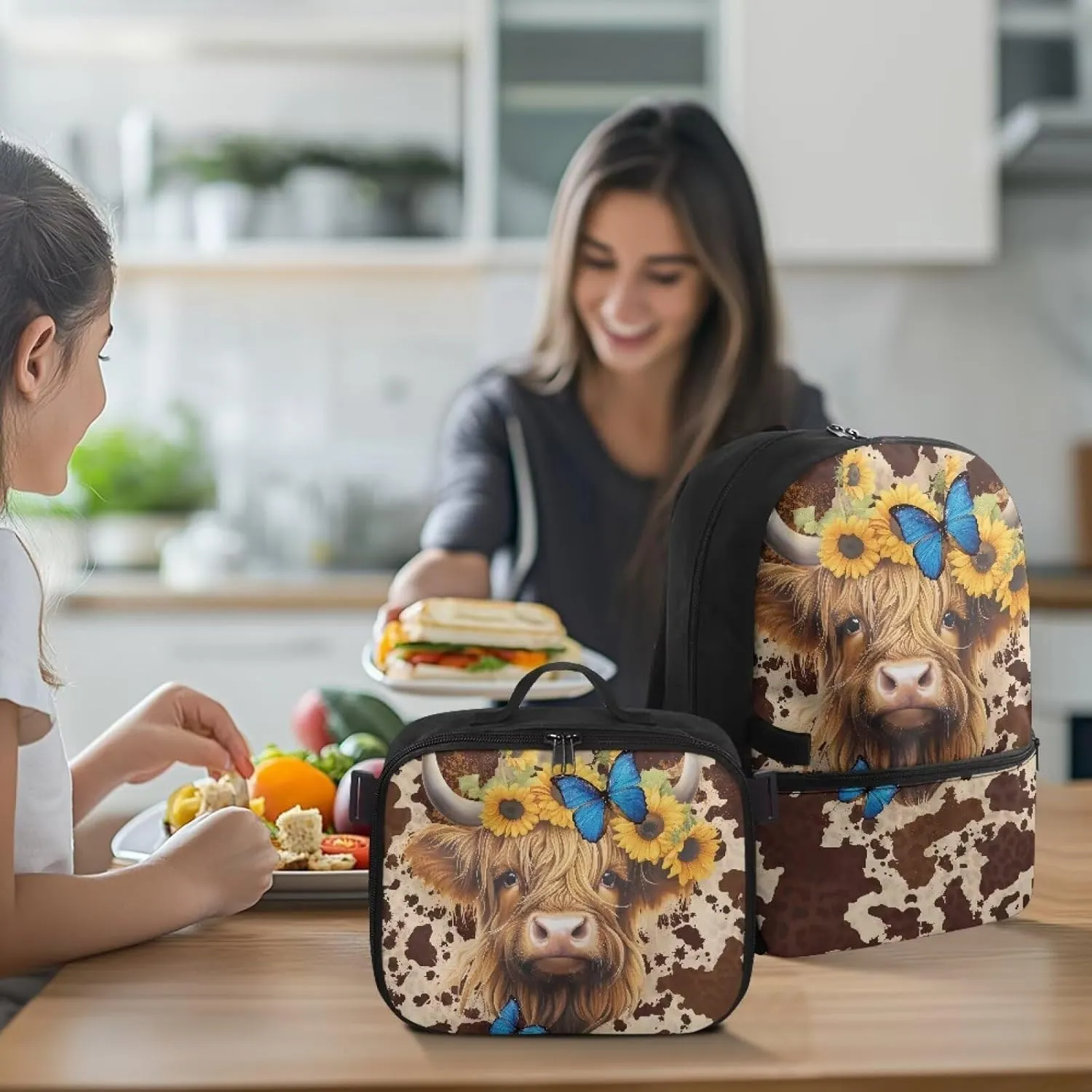 Babrukda Reusable Laptop Backpacks for Boys Girls Insulated Lunch Bag, Leakproof Food Storage Container with Handles Kids' Backpacks for Travel Picnic, Cowhide Print Highland Cow