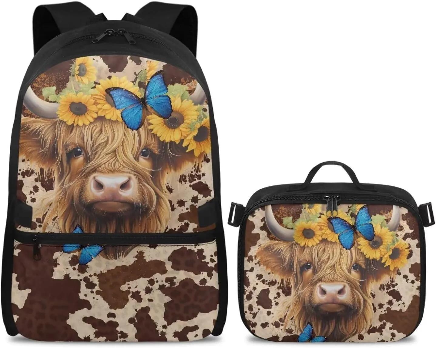 Babrukda Reusable Laptop Backpacks for Boys Girls Insulated Lunch Bag, Leakproof Food Storage Container with Handles Kids' Backpacks for Travel Picnic, Cowhide Print Highland Cow