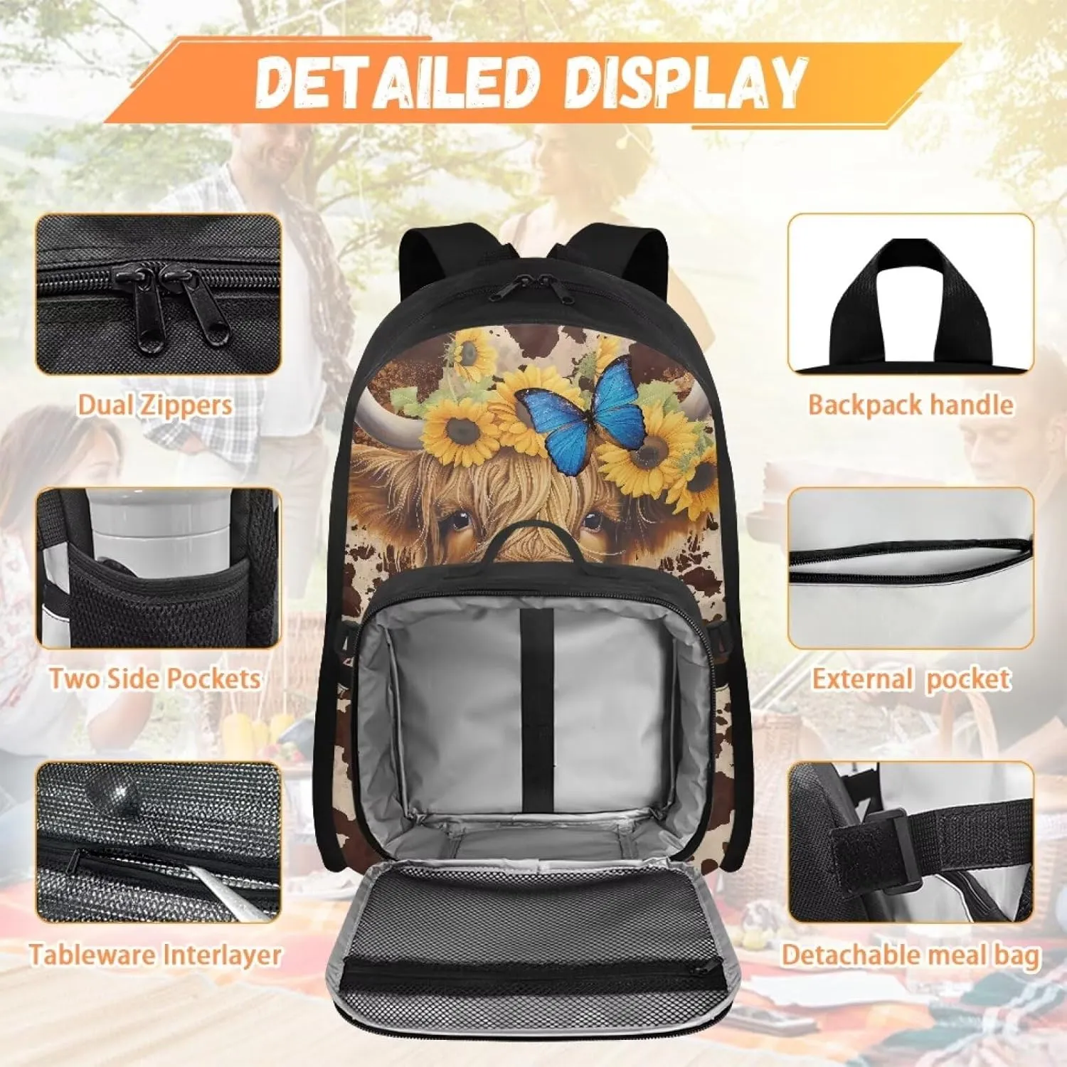 Babrukda Reusable Laptop Backpacks for Boys Girls Insulated Lunch Bag, Leakproof Food Storage Container with Handles Kids' Backpacks for Travel Picnic, Cowhide Print Highland Cow