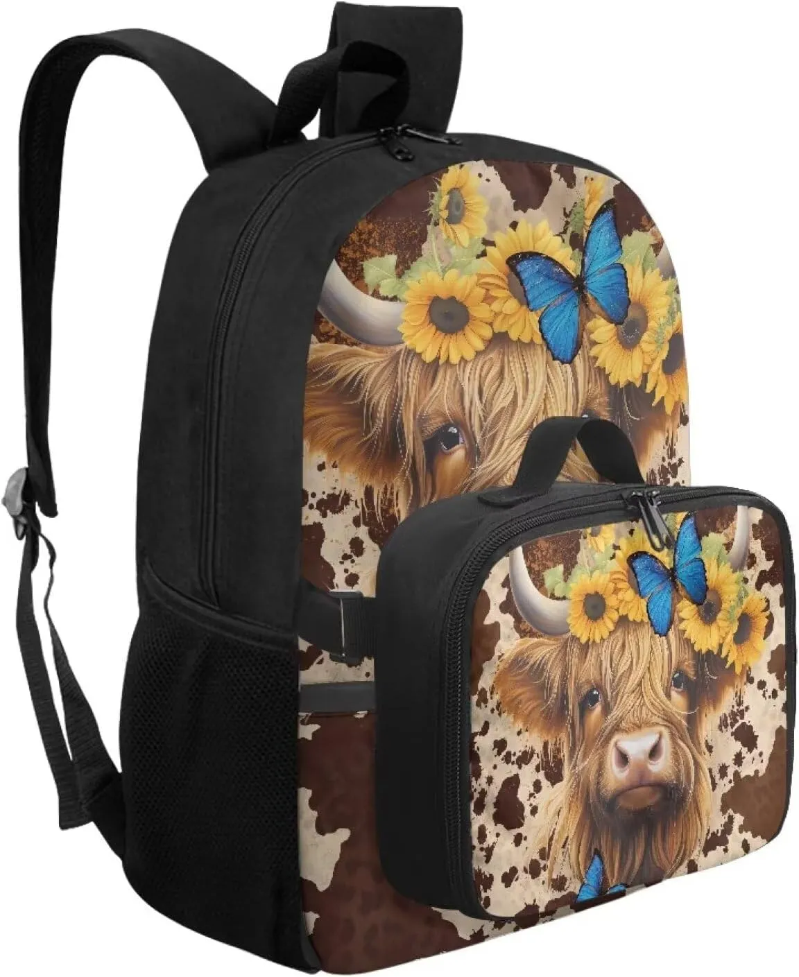 Babrukda Reusable Laptop Backpacks for Boys Girls Insulated Lunch Bag, Leakproof Food Storage Container with Handles Kids' Backpacks for Travel Picnic, Cowhide Print Highland Cow