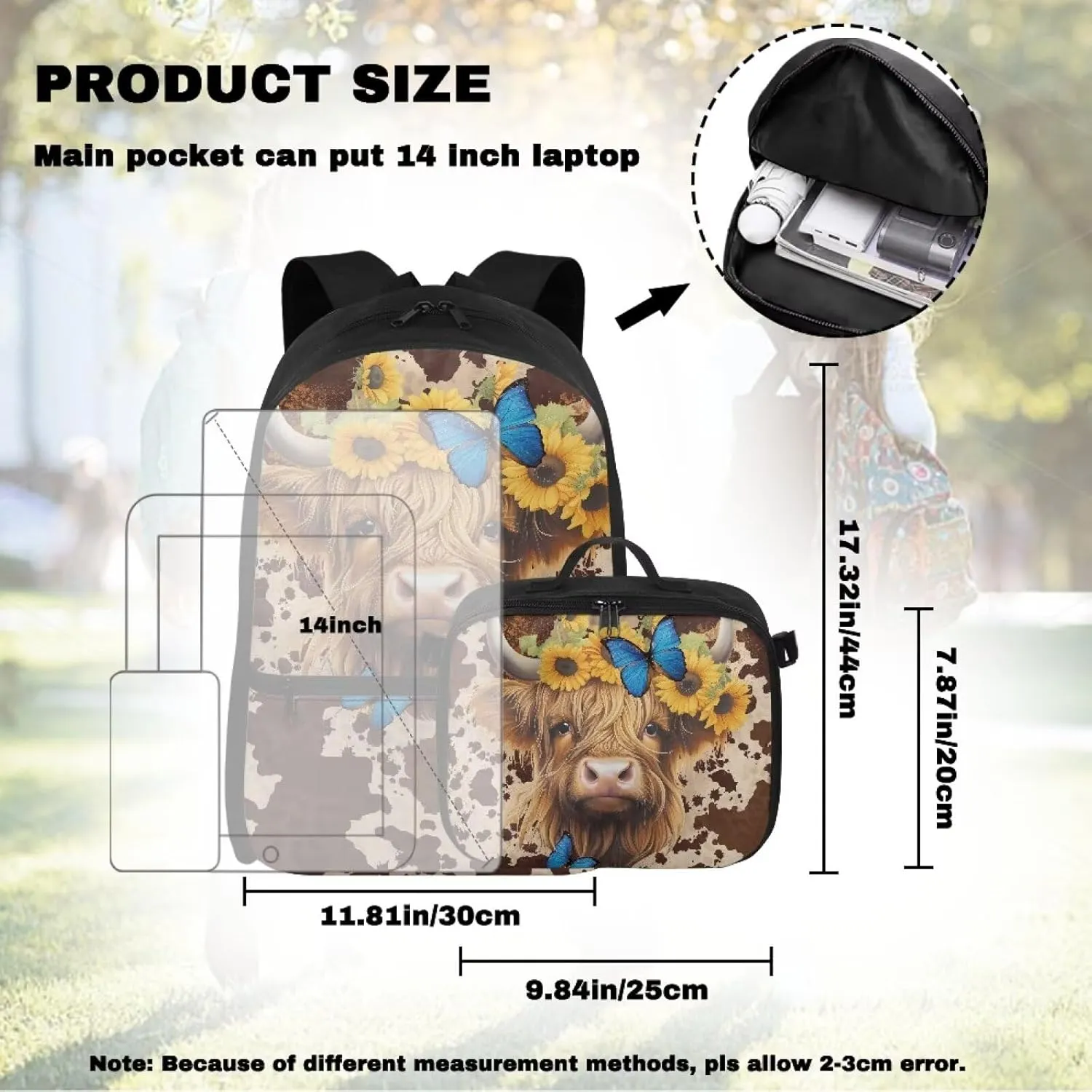 Babrukda Reusable Laptop Backpacks for Boys Girls Insulated Lunch Bag, Leakproof Food Storage Container with Handles Kids' Backpacks for Travel Picnic, Cowhide Print Highland Cow