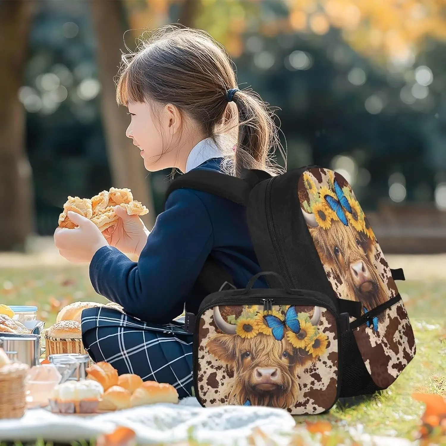 Babrukda Reusable Laptop Backpacks for Boys Girls Insulated Lunch Bag, Leakproof Food Storage Container with Handles Kids' Backpacks for Travel Picnic, Cowhide Print Highland Cow