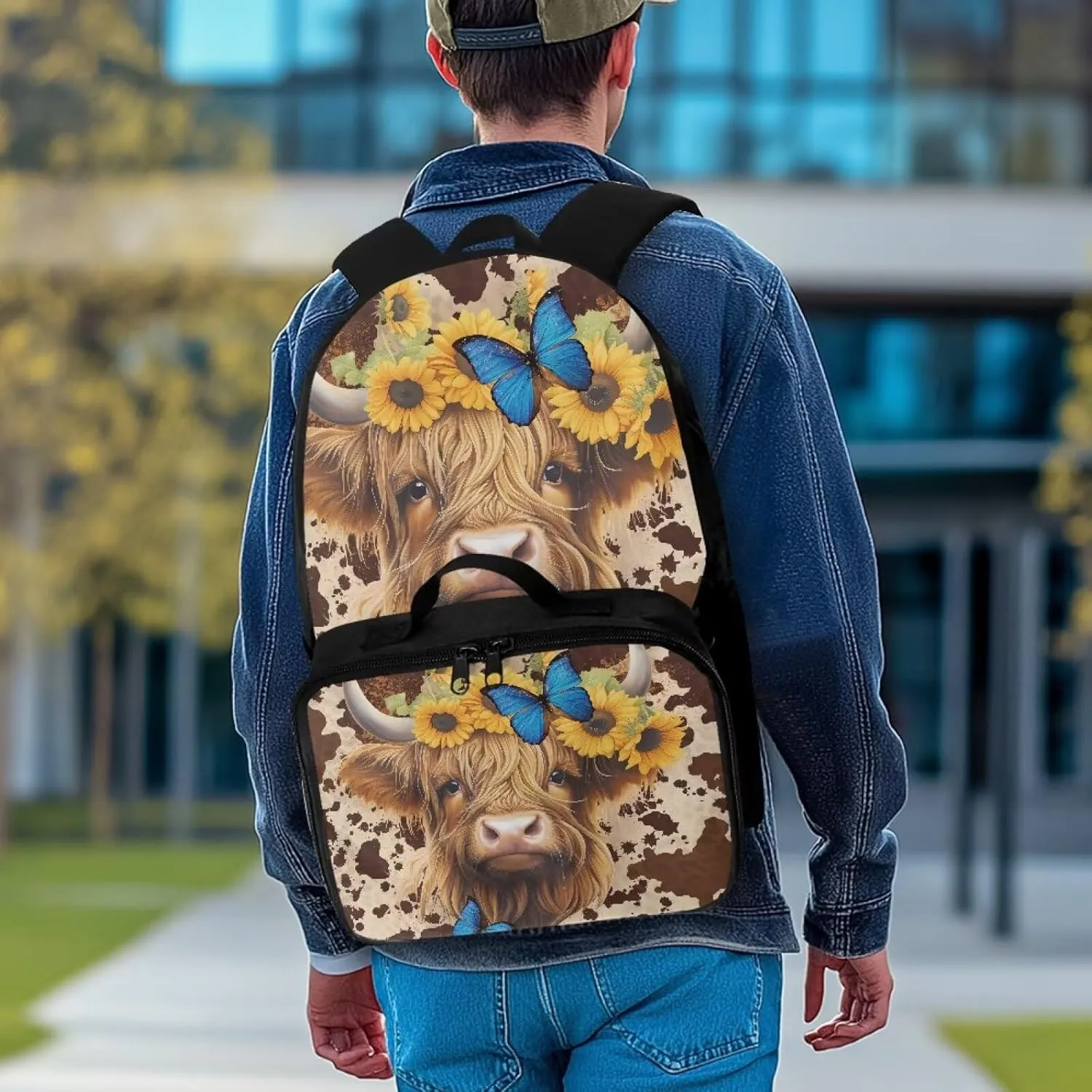 Babrukda Reusable Laptop Backpacks for Boys Girls Insulated Lunch Bag, Leakproof Food Storage Container with Handles Kids' Backpacks for Travel Picnic, Cowhide Print Highland Cow