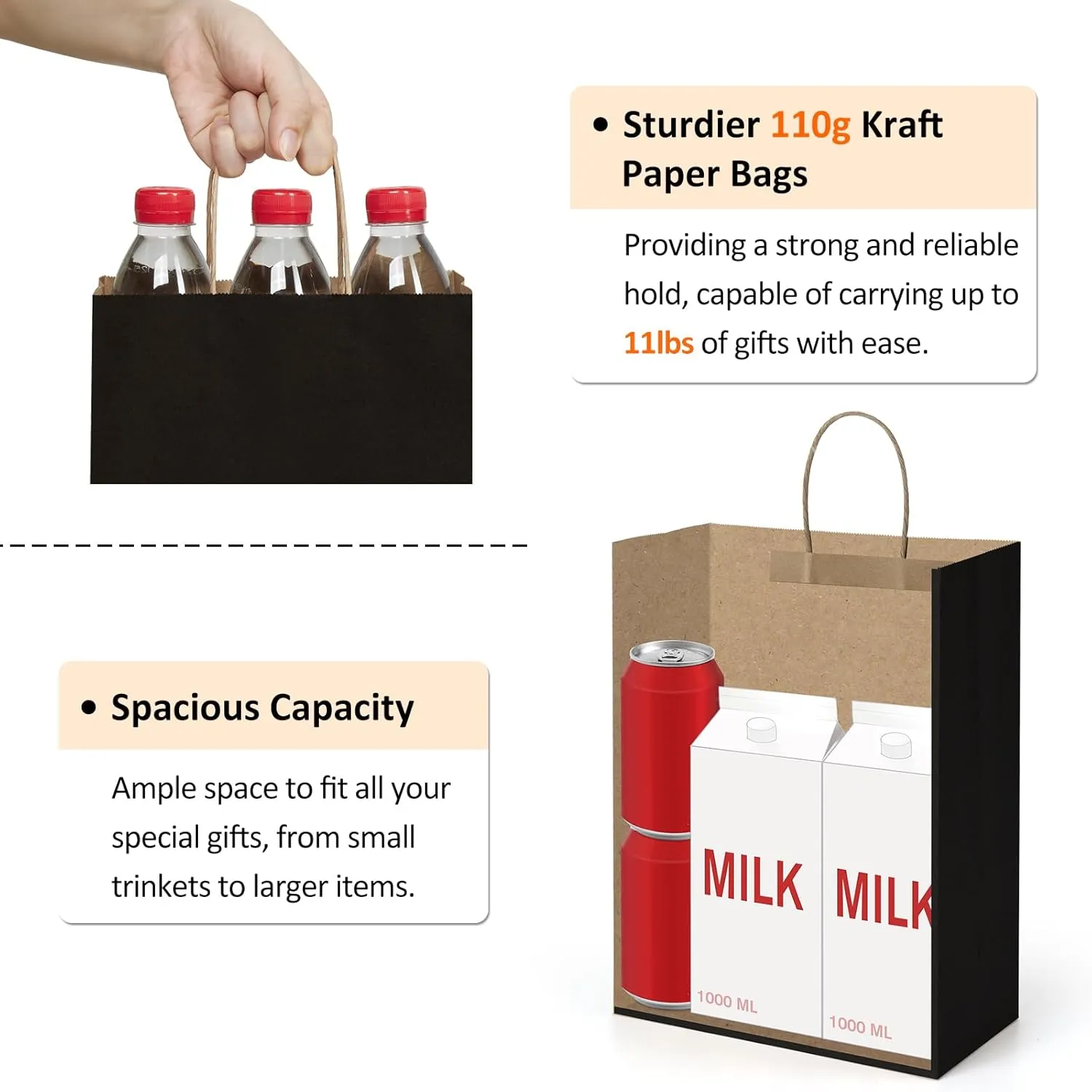 BagDream Gift Bags 10x5x13 25Pcs Kraft Paper Shopping Bags with Handles, for Gifts, Business, Merchandise, Retail, Party Favor, Black Recycled Paper Sacks