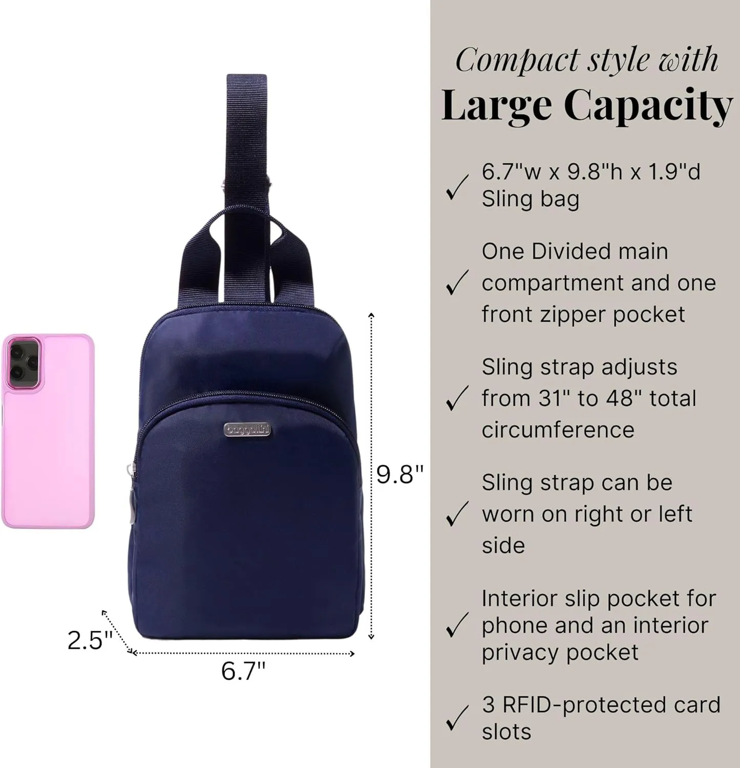 Baggallini Essential Small 12x7 Inch Sling Crossbody Bag with Convertible Adjustable Shoulder Strap