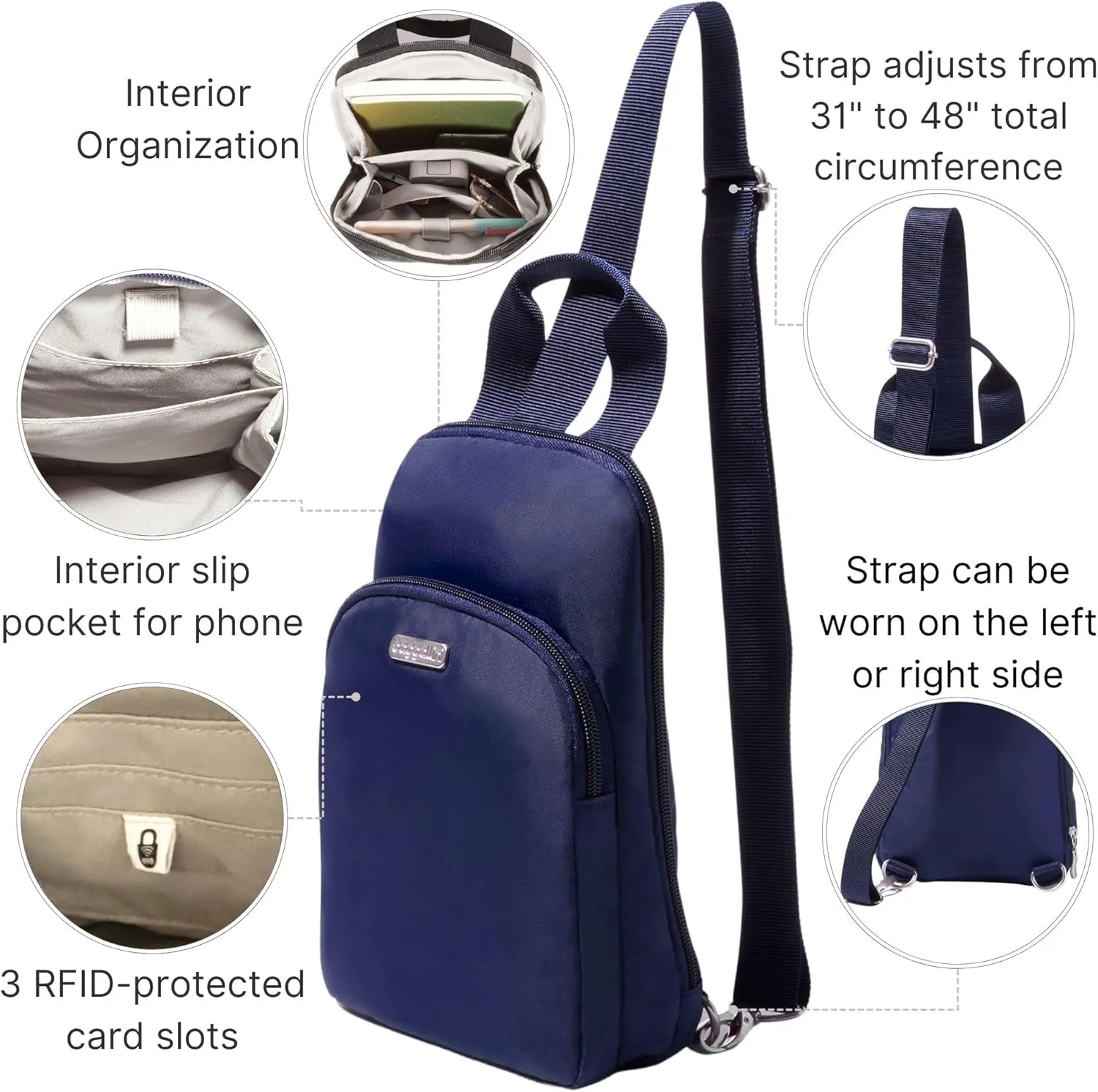 Baggallini Essential Small 12x7 Inch Sling Crossbody Bag with Convertible Adjustable Shoulder Strap
