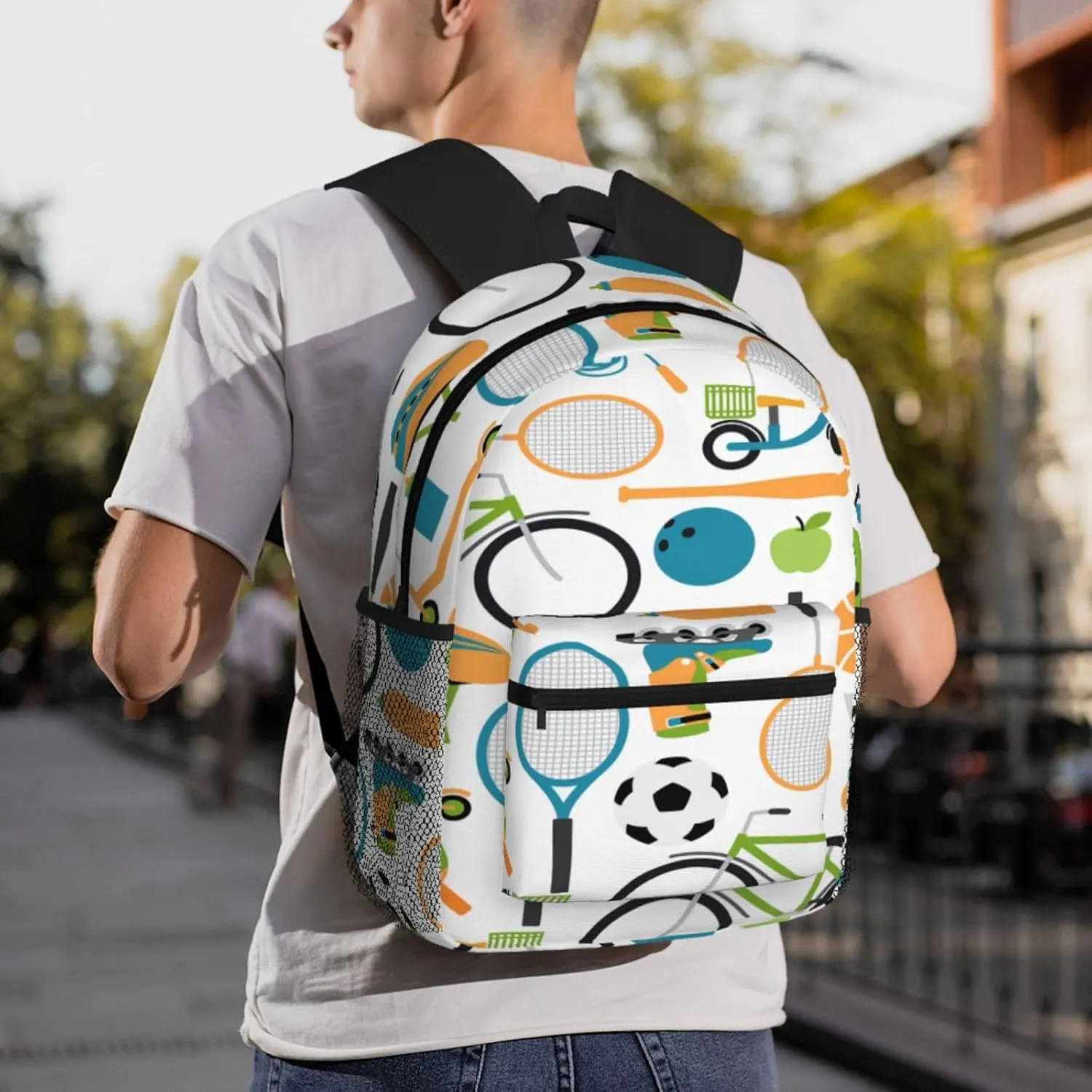 Ball Shuttlecocks Bowling Tennis Baseball Backpack, Travel Laptop Backpack Computer Bag Rucksack for Men Women Business Work Fits 15.6 Inch Notebook