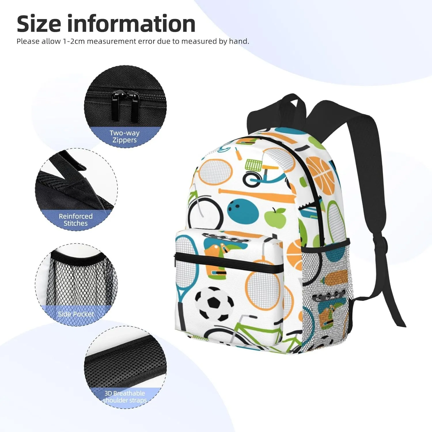 Ball Shuttlecocks Bowling Tennis Baseball Backpack, Travel Laptop Backpack Computer Bag Rucksack for Men Women Business Work Fits 15.6 Inch Notebook