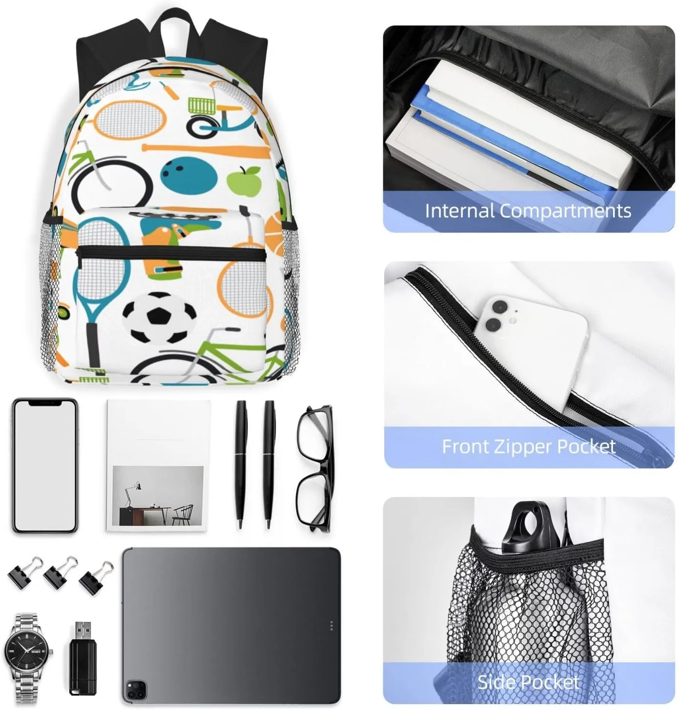 Ball Shuttlecocks Bowling Tennis Baseball Backpack, Travel Laptop Backpack Computer Bag Rucksack for Men Women Business Work Fits 15.6 Inch Notebook