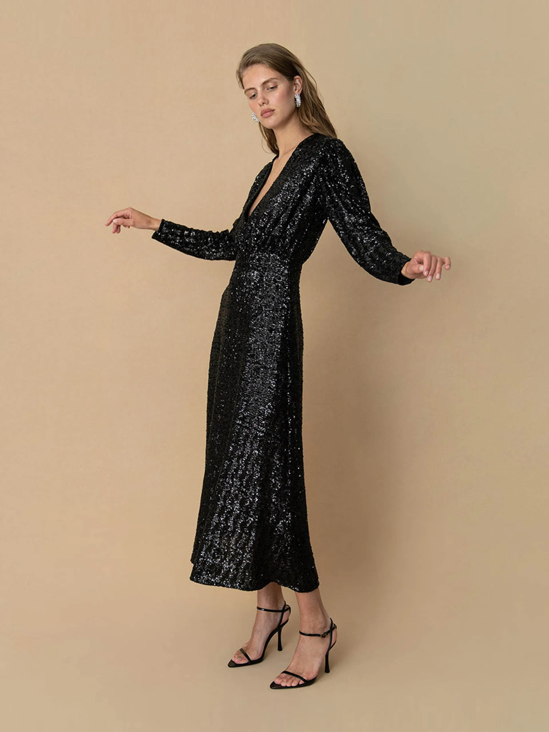 Black Bernadette sequin midi dress