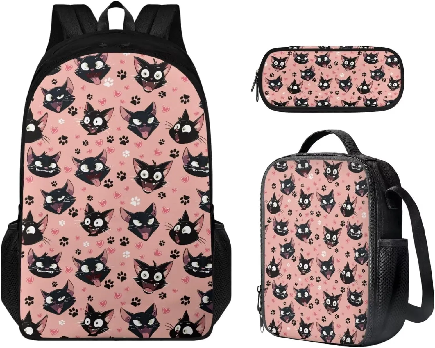 Black Kitten Backpacks with Lunchboxes for Girls Paw Prints Book Bag Set Snacks Organizer Insulated Middle School Backpacks for School Bag for Girls Big Capacity Portable