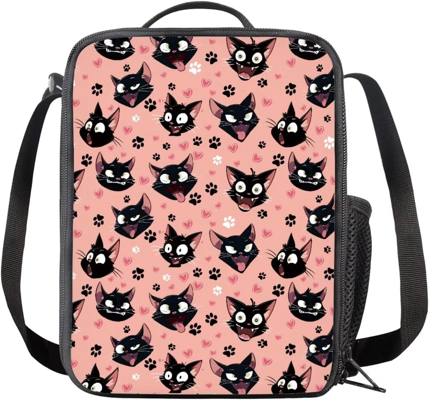 Black Kitten Backpacks with Lunchboxes for Girls Paw Prints Book Bag Set Snacks Organizer Insulated Middle School Backpacks for School Bag for Girls Big Capacity Portable