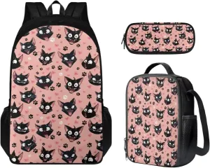 Black Kitten Backpacks with Lunchboxes for Girls Paw Prints Book Bag Set Snacks Organizer Insulated Middle School Backpacks for School Bag for Girls Big Capacity Portable