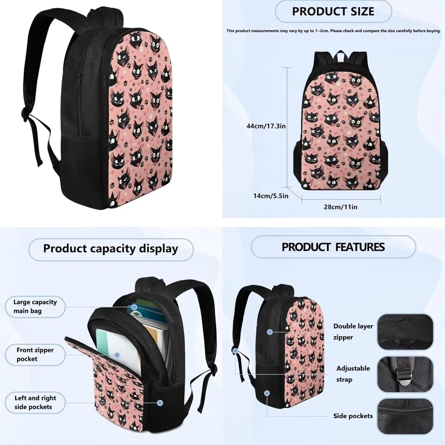 Black Kitten Backpacks with Lunchboxes for Girls Paw Prints Book Bag Set Snacks Organizer Insulated Middle School Backpacks for School Bag for Girls Big Capacity Portable