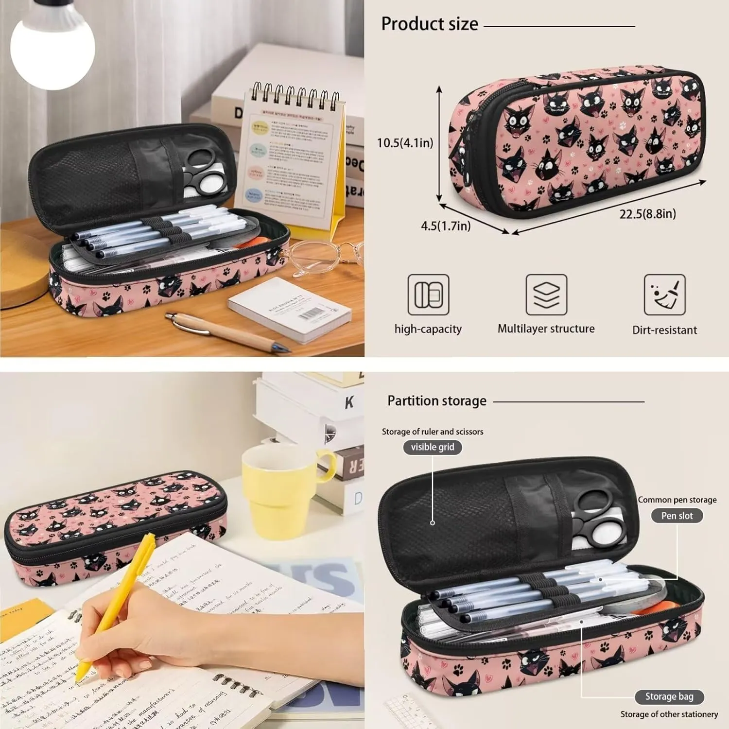 Black Kitten Backpacks with Lunchboxes for Girls Paw Prints Book Bag Set Snacks Organizer Insulated Middle School Backpacks for School Bag for Girls Big Capacity Portable