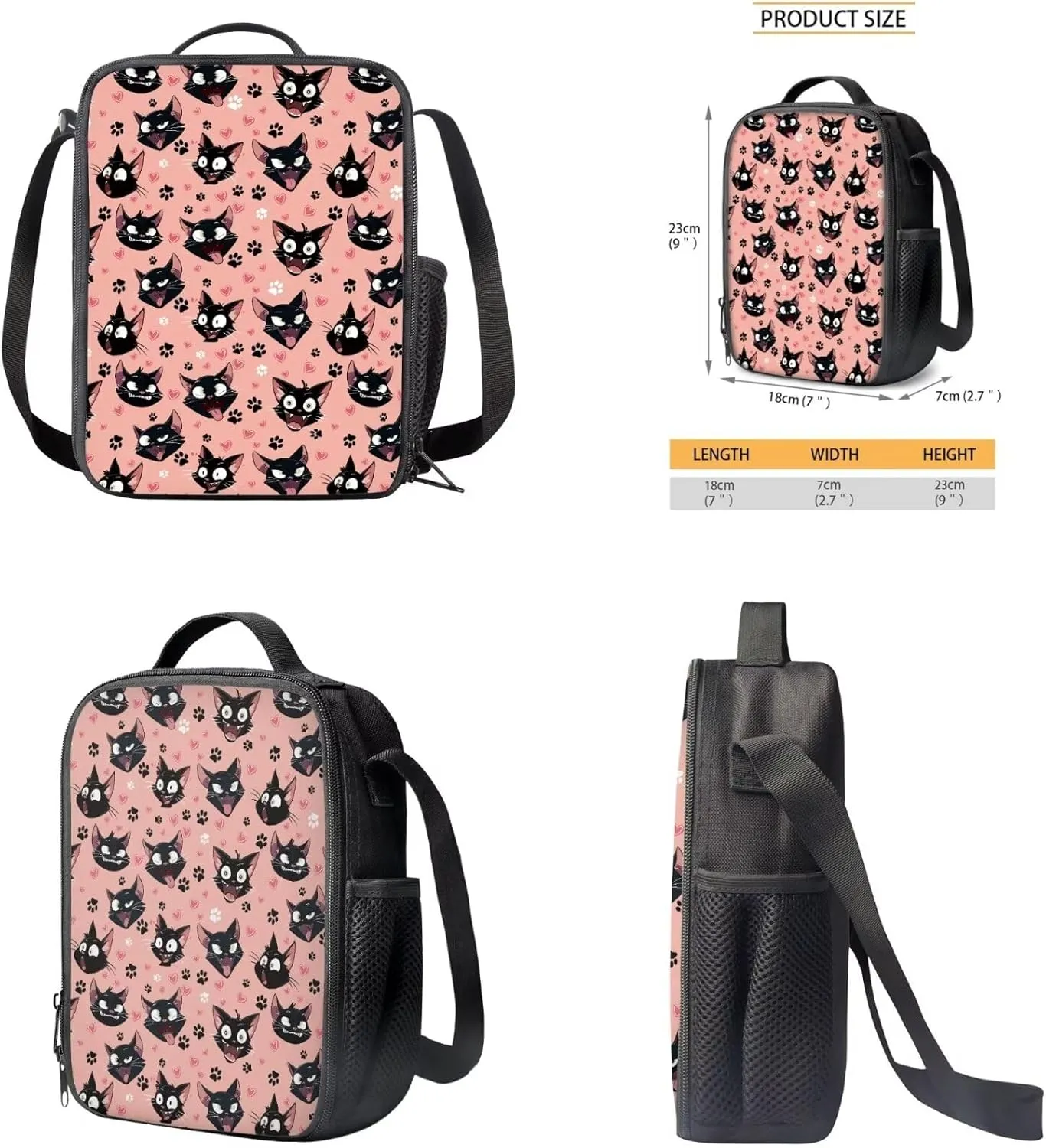Black Kitten Backpacks with Lunchboxes for Girls Paw Prints Book Bag Set Snacks Organizer Insulated Middle School Backpacks for School Bag for Girls Big Capacity Portable