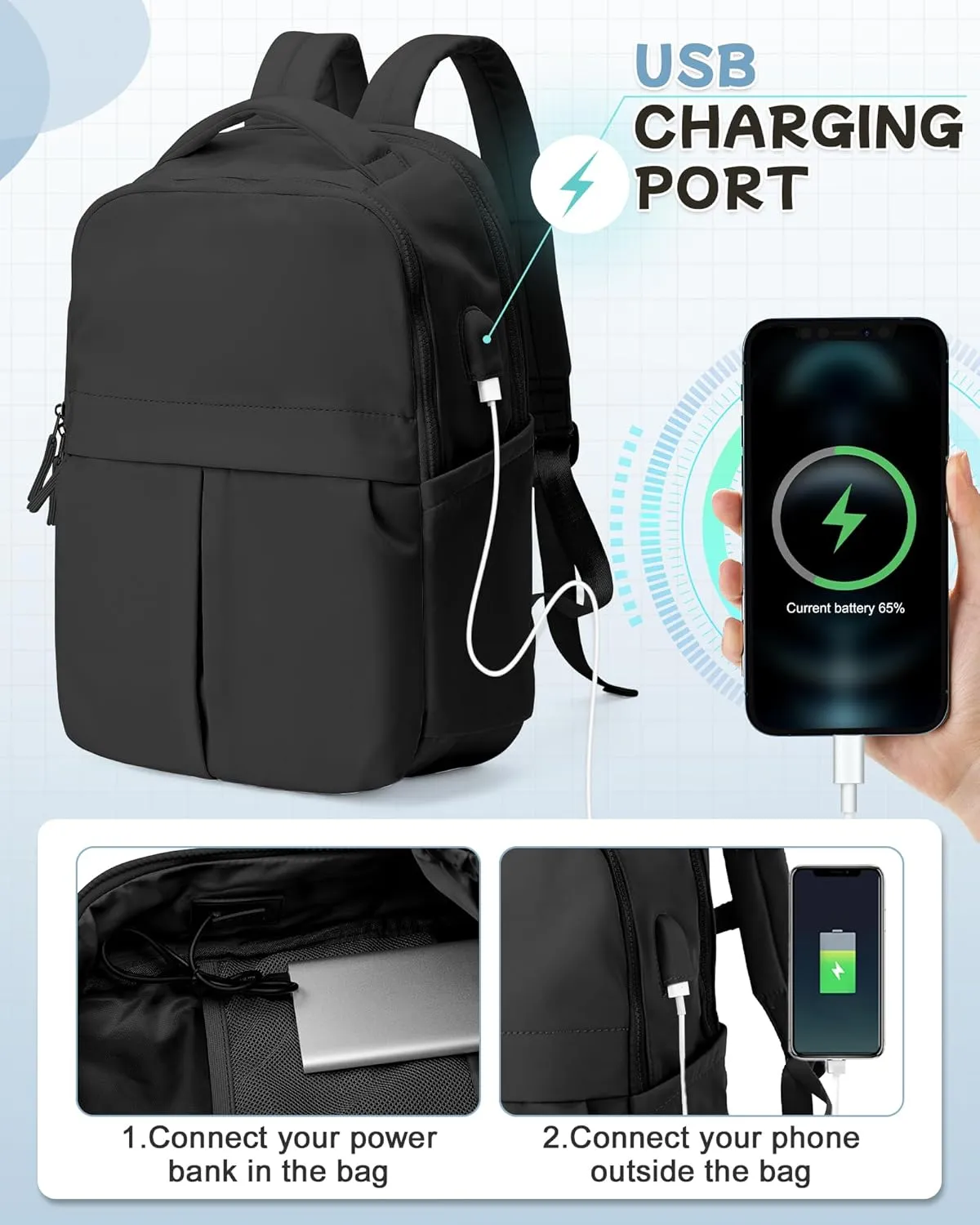 Black Laptop Backpack for Women Men Gym Work Backpack Casual Daypack Backpacks Small Travel Backpack for Traveling on Airplane Lightweight College Teacher Backpacks for Women