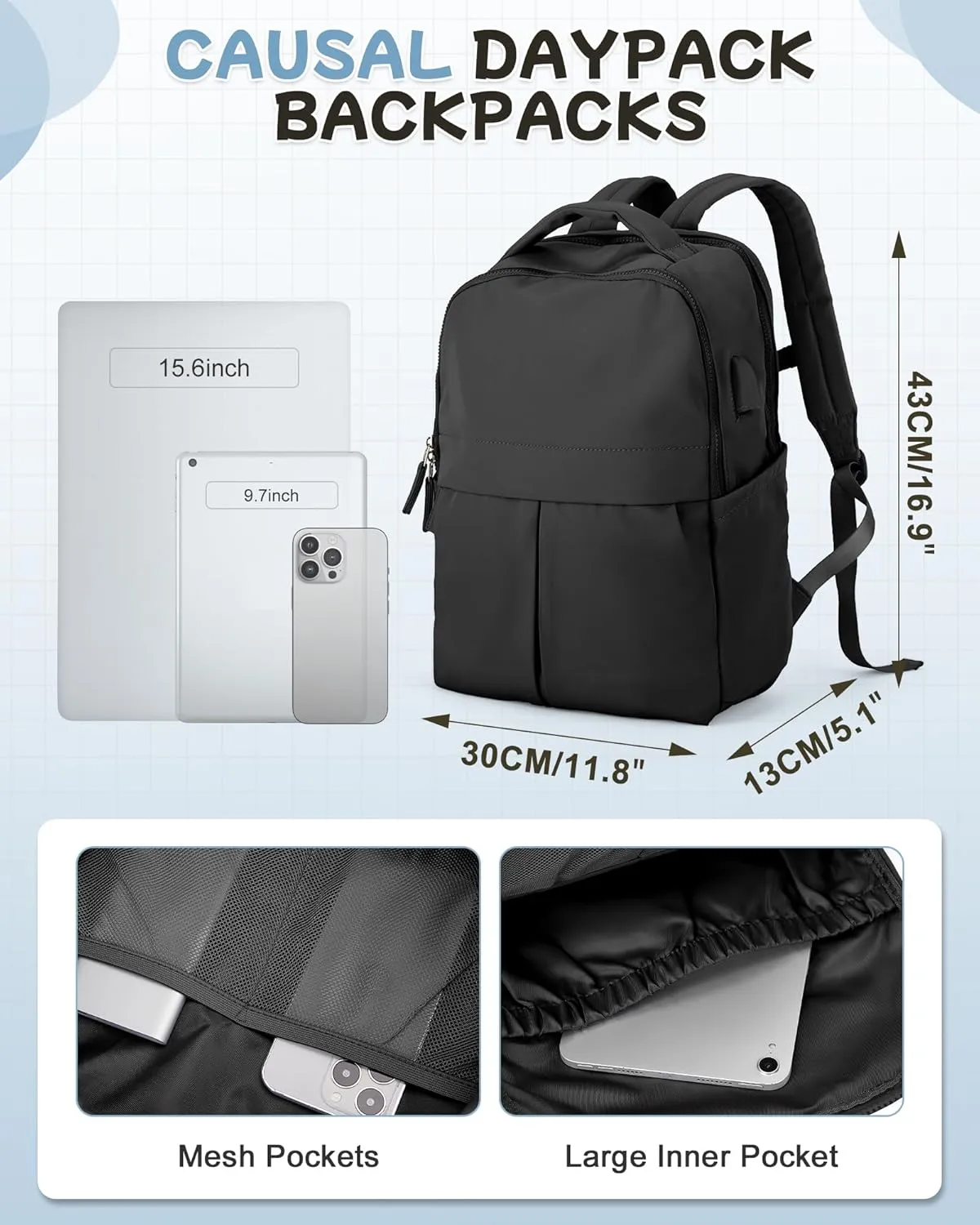 Black Laptop Backpack for Women Men Gym Work Backpack Casual Daypack Backpacks Small Travel Backpack for Traveling on Airplane Lightweight College Teacher Backpacks for Women